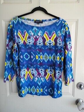 Jones New York Women's Blue Multicolor 3/4 Sleeve Top 100% Cotton Size XL